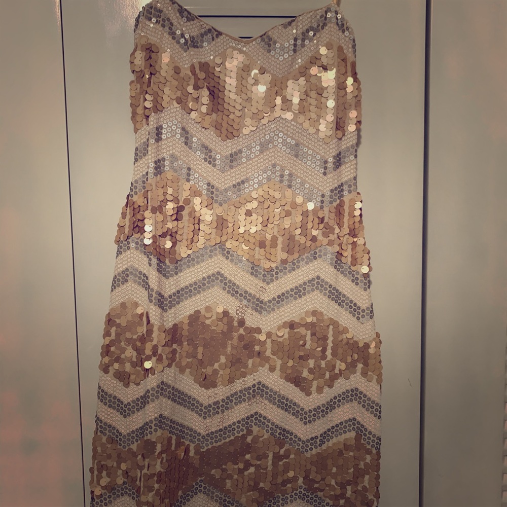 Beige, gold and silver sequin dress